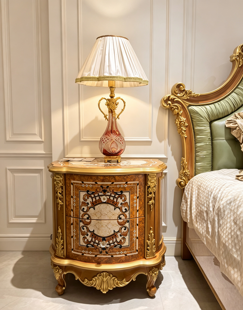 Colette French Imperial bedside table, hand-carved European beechwood with traditional gold gilt finish - GrandLiving Luxe