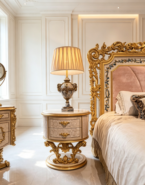 Delphine French Imperial bedside table, hand-carved European beechwood with traditional gold gilt finish - GrandLiving Luxe
