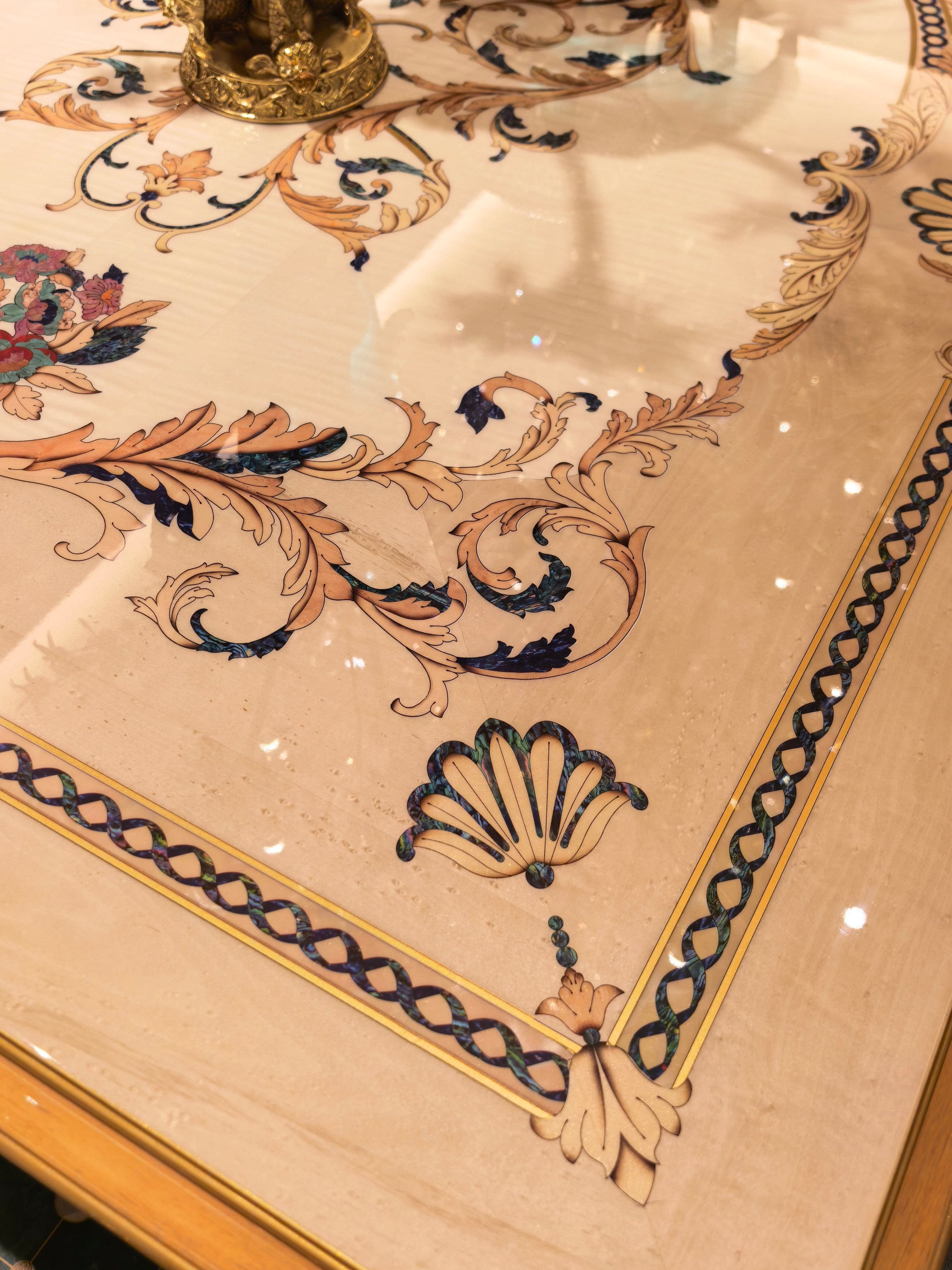 Clarisse French Imperial dining table apron carving detail - GrandLiving Luxe