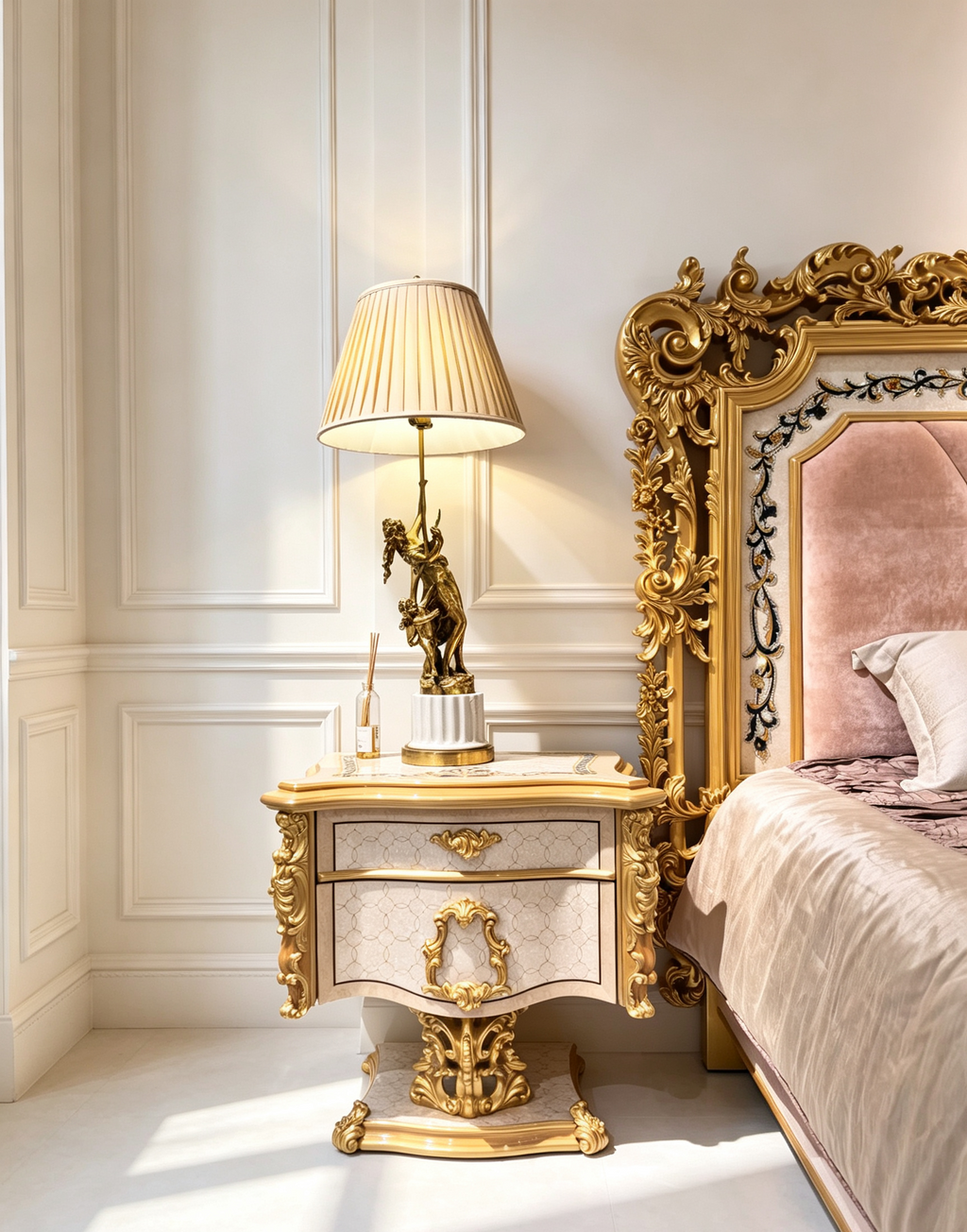 Aurélie French Imperial bedside table, hand-carved European beechwood with traditional gold gilt finish - GrandLiving Luxe