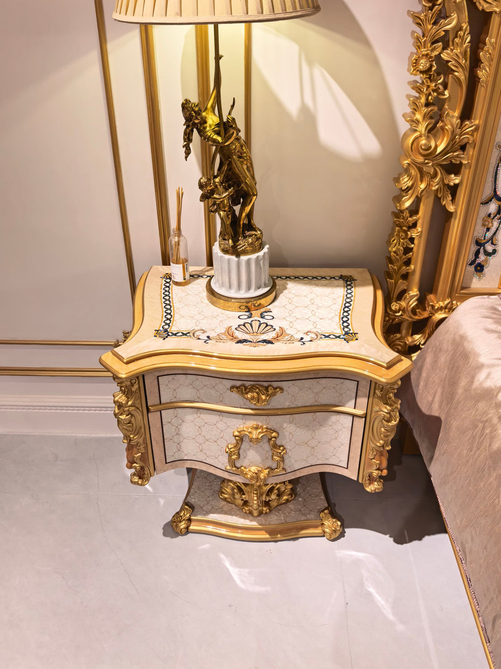 Aurélie French Imperial bedside table drawer detail, hand-carved gold gilt finish - GrandLiving Luxe