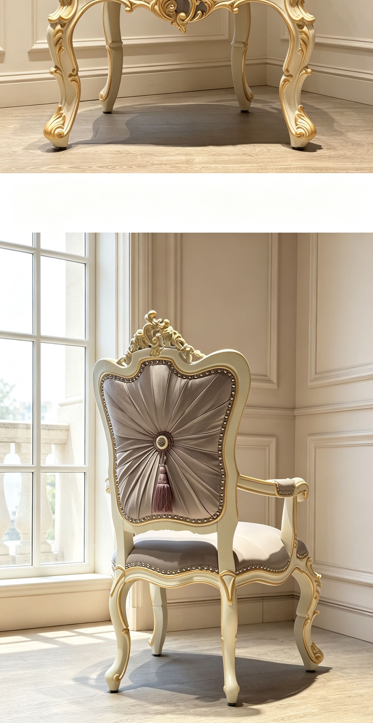 French Provincial Dining Chair with imported genuine leather and hand-carved gold leaf details | GrandLiving Luxe 4