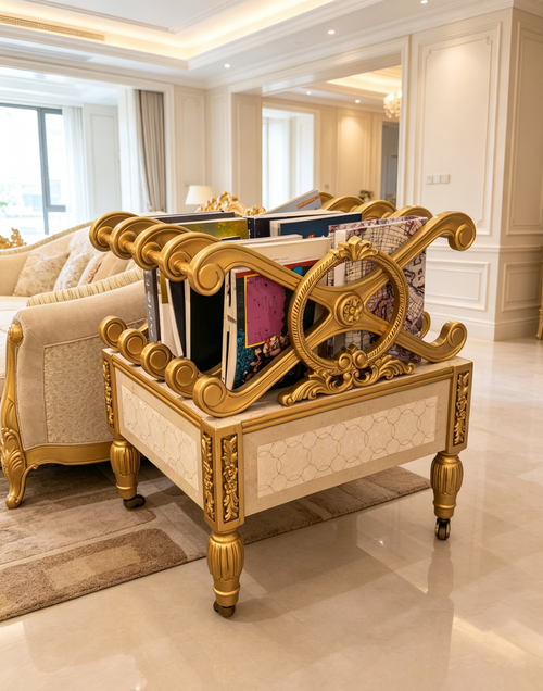 Giselle French Imperial magazine holder, hand-carved European beechwood with traditional gold gilt finish - GrandLiving Luxe