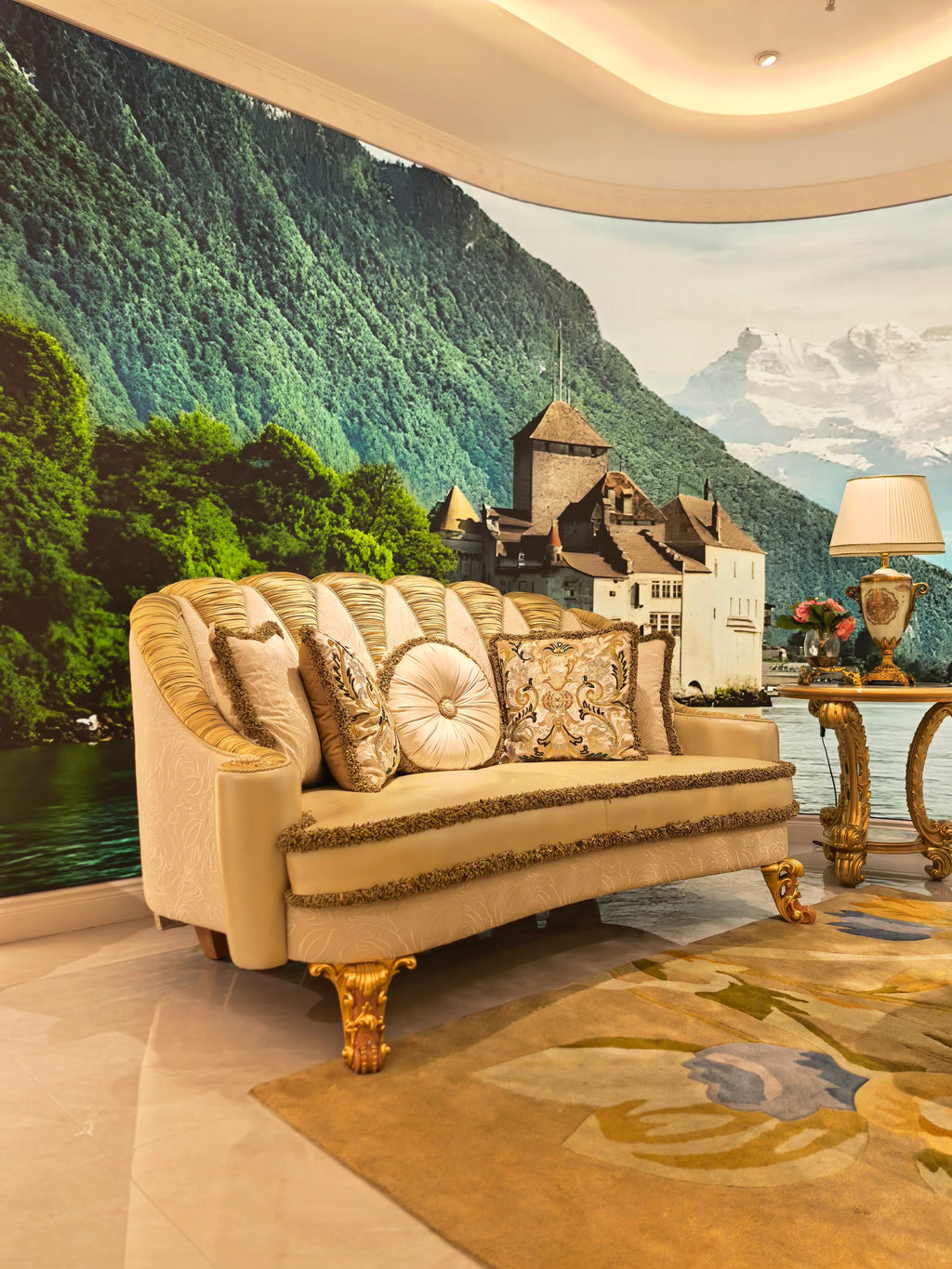 Charlotte French Imperial sofa hand-carved corner detail - GrandLiving Luxe