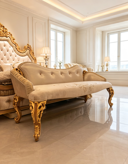 Pauline French Imperial ottoman, hand-carved European beechwood with traditional gold gilt finish - GrandLiving Luxe