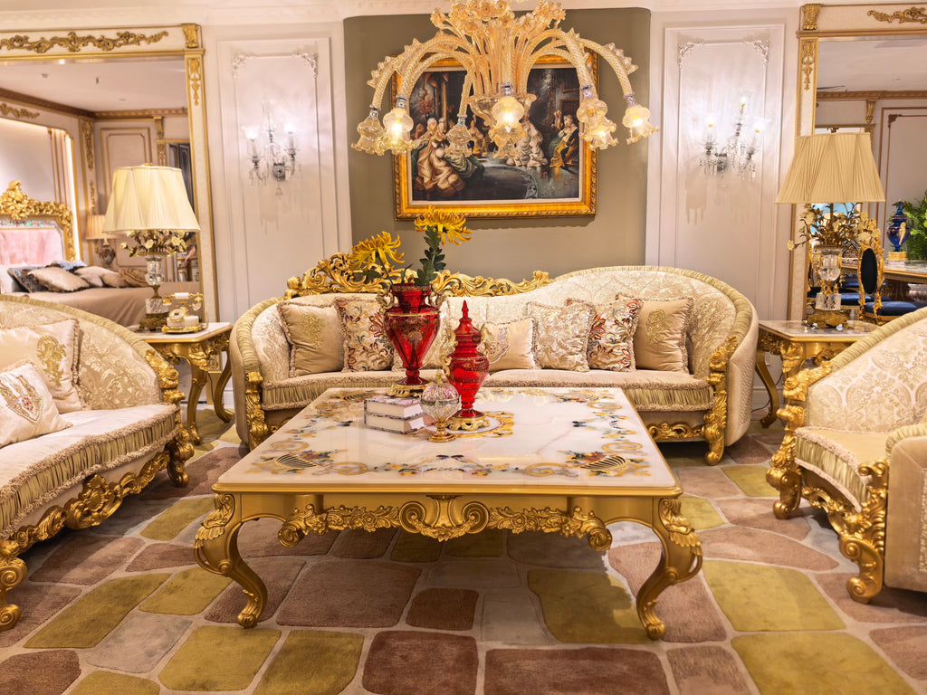 Beatrice French Imperial sofa, hand-carved European beechwood with traditional gold gilt finish - GrandLiving Luxe