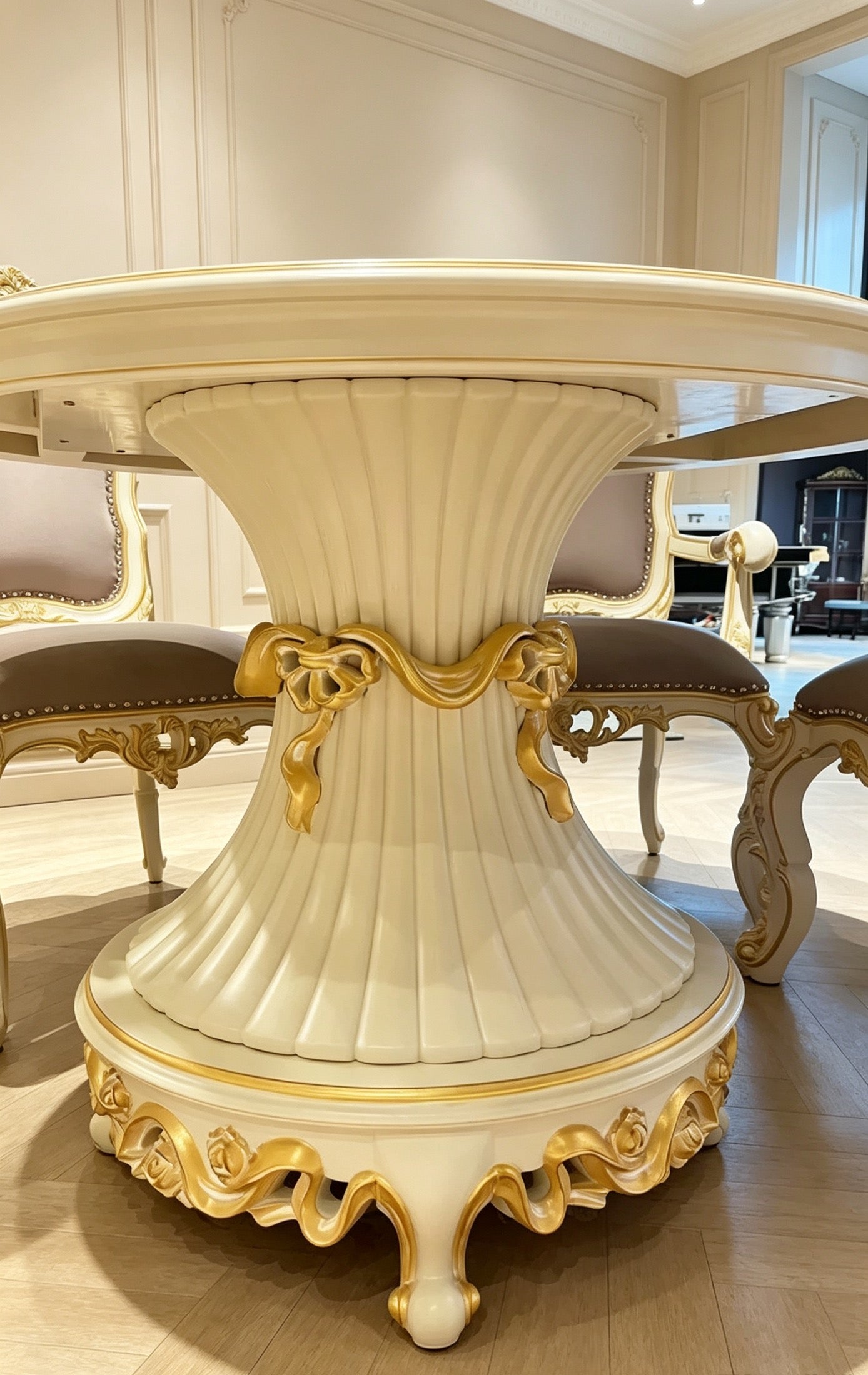 Luna White French Dining Table with hand-carved details and gold leaf accents | GrandLiving Luxe 4