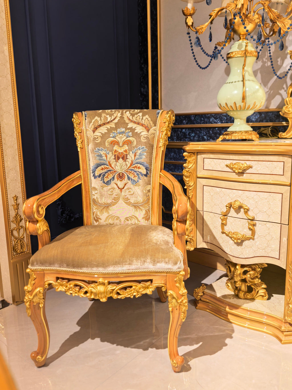 Adrienne French Imperial dining chair, hand-carved European beechwood with traditional gold gilt finish - GrandLiving Luxe