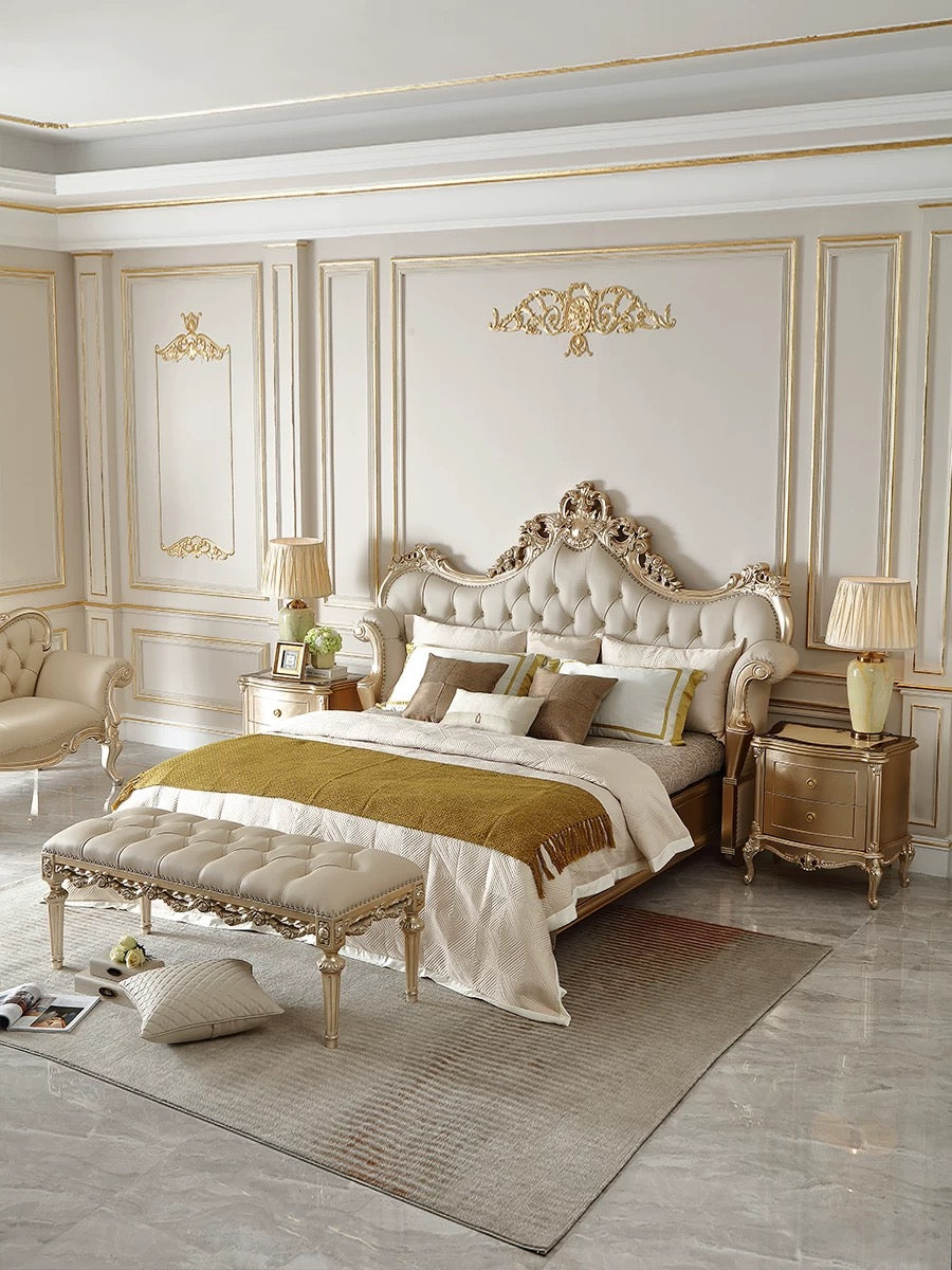 Amour French Provincial style luxury silver leaf tufted bed detail - GrandLiving Luxe