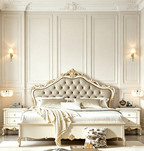 GrandLiving Luxe vintage white solid wood French Provincial king bed with gold leaf accents