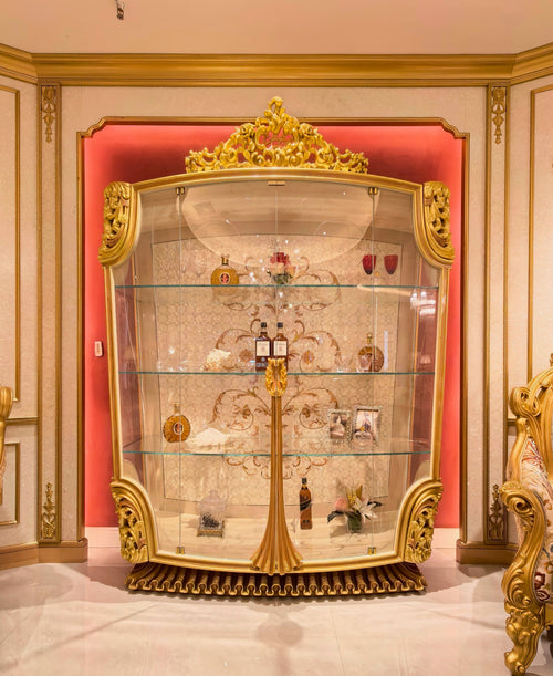 Fernande French Imperial display cabinet, hand-carved European beechwood with traditional gold gilt finish - GrandLiving Luxe