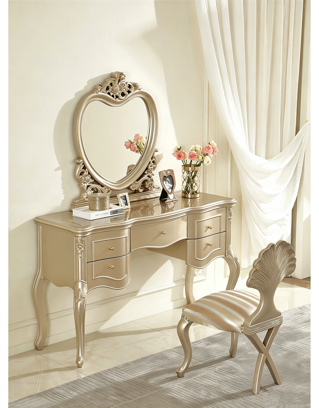 Amour French Provincial Silver Leaf Dressing Table with Mirror| GradLiving Luxe 7