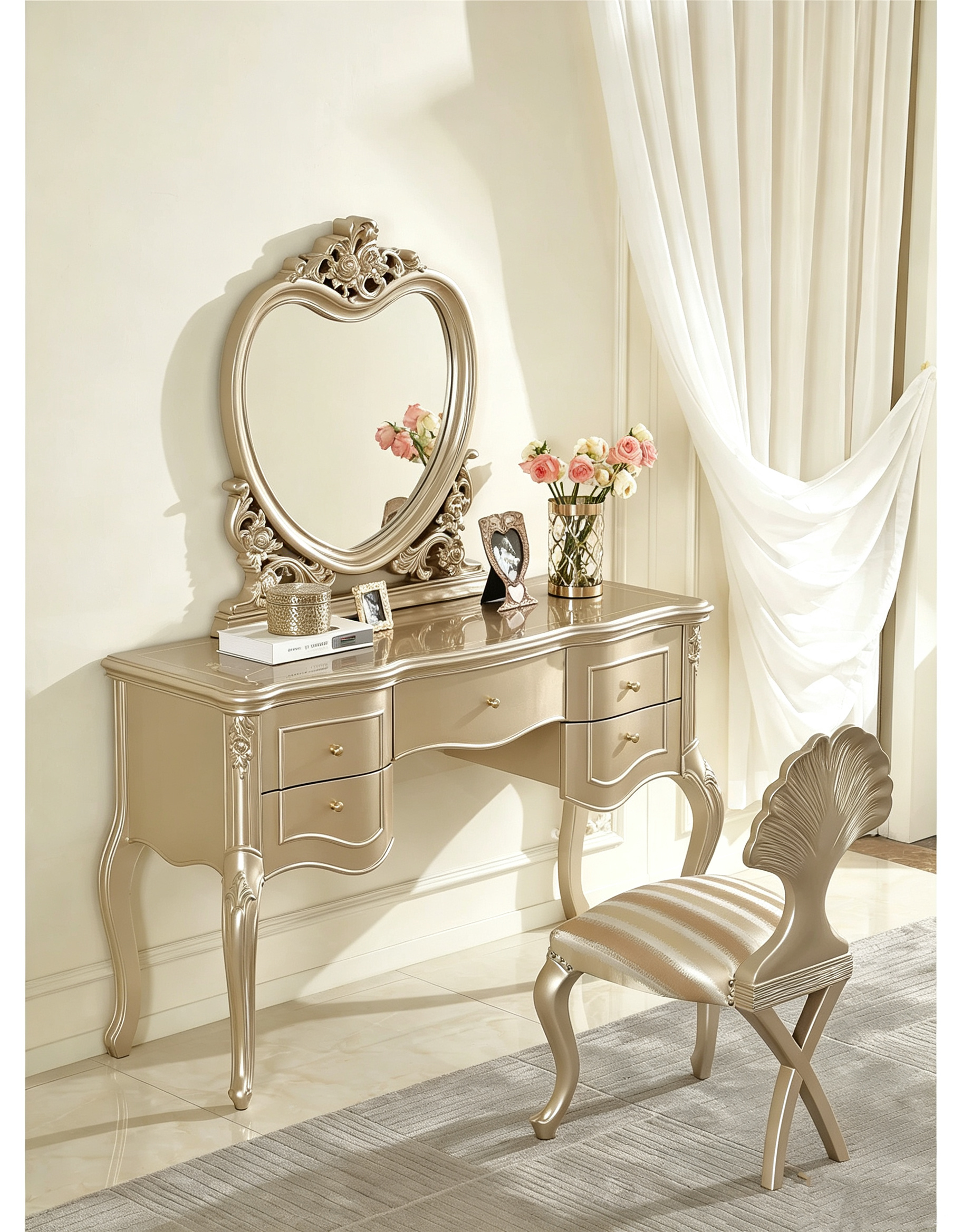 Amour French Provincial Silver Leaf Dressing Table with Mirror| GradLiving Luxe 7