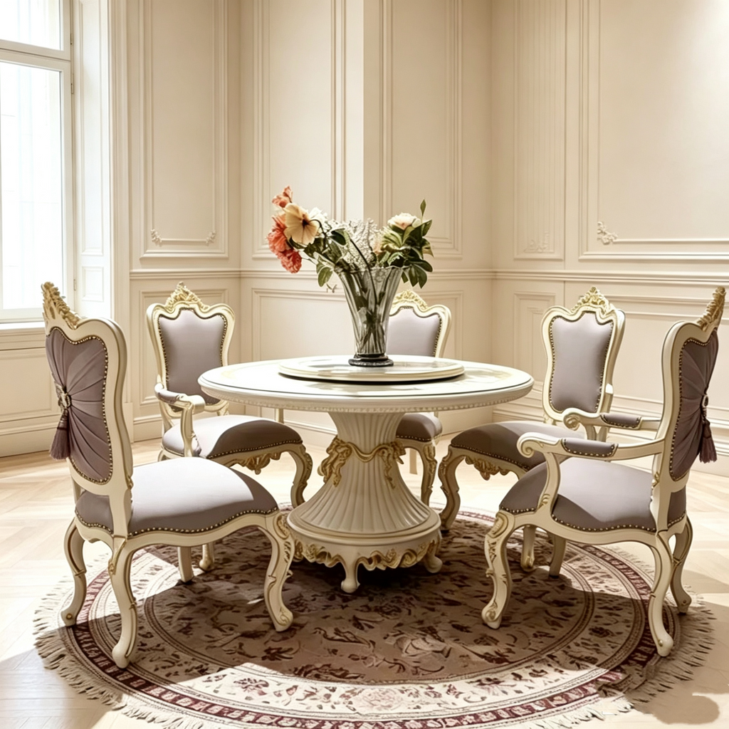 Luna White French Dining Table with hand-carved details and gold leaf accents | GrandLiving Luxe 6