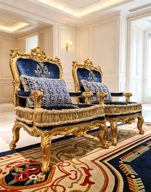 Amandine French Imperial leisure chair, hand-carved European beechwood with traditional gold gilt finish - GrandLiving Luxe
