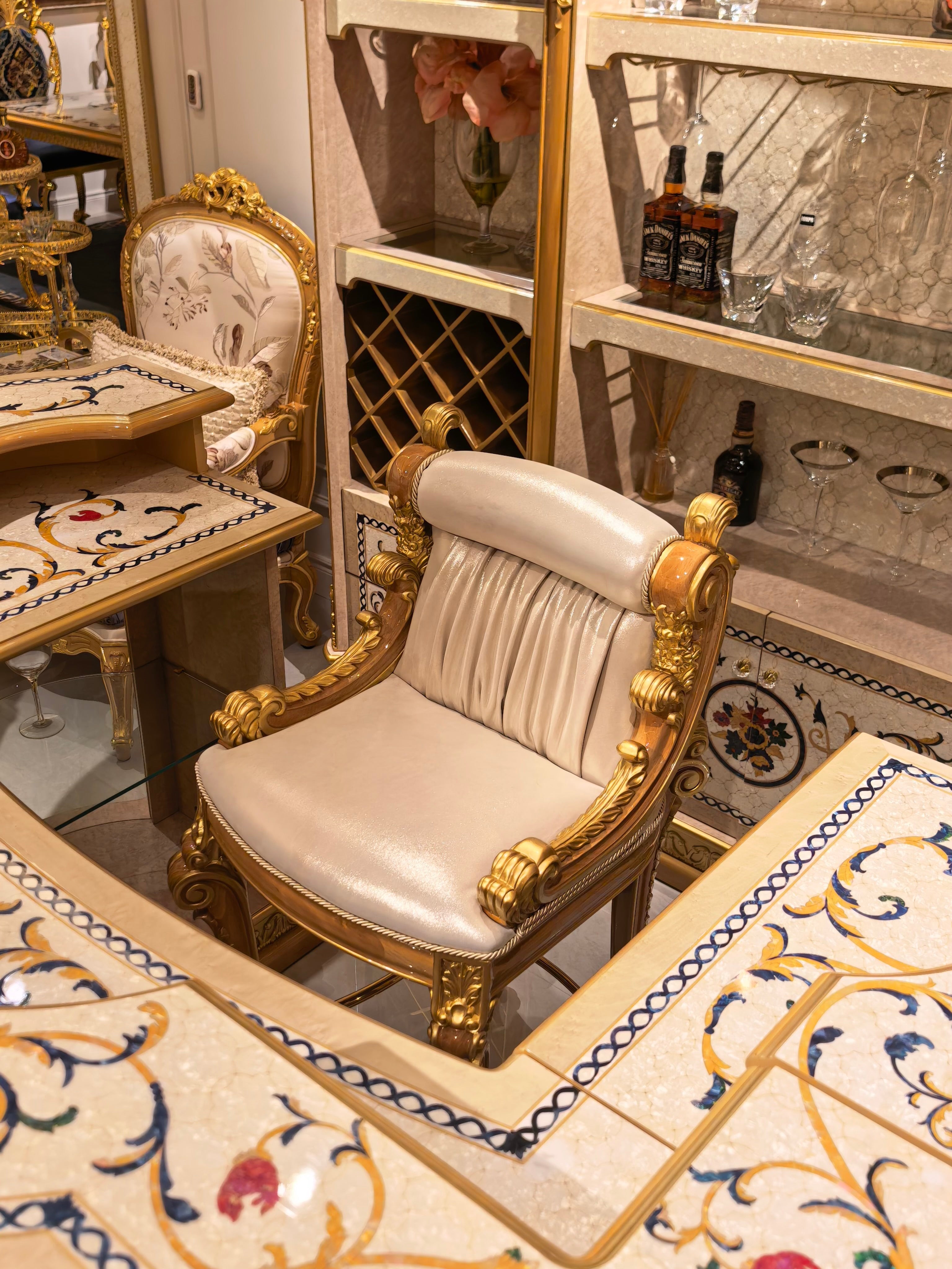 Rosalind French Imperial bar cabinet gold gilt finish close-up - GrandLiving Luxe