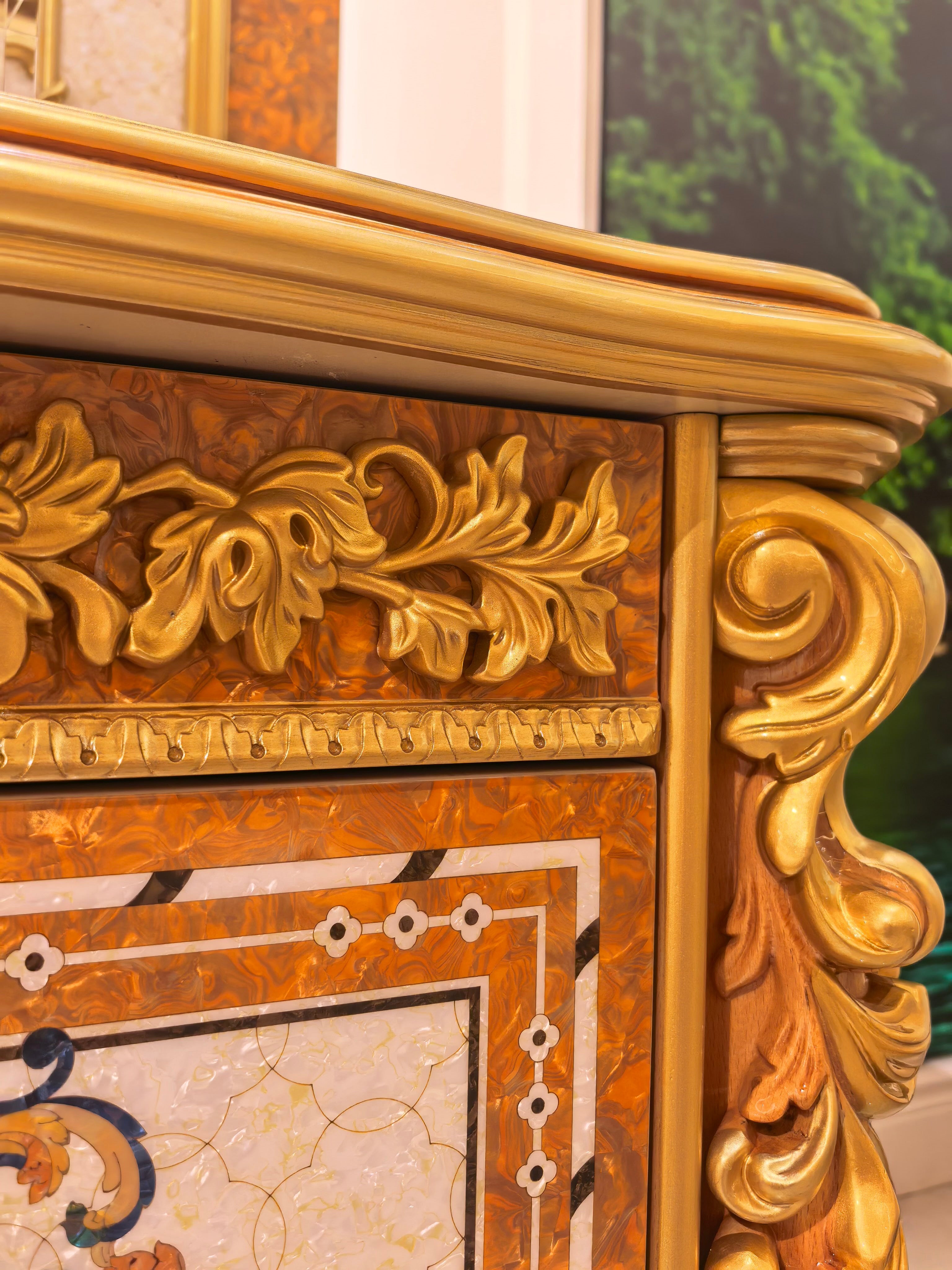 Noelle French Imperial bedside table gold gilt finish close-up - GrandLiving Luxe