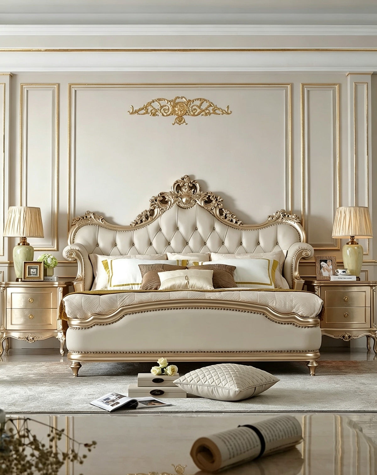 Amour French Provincial style luxury silver leaf tufted bed in bedroom setting - GrandLiving Luxe