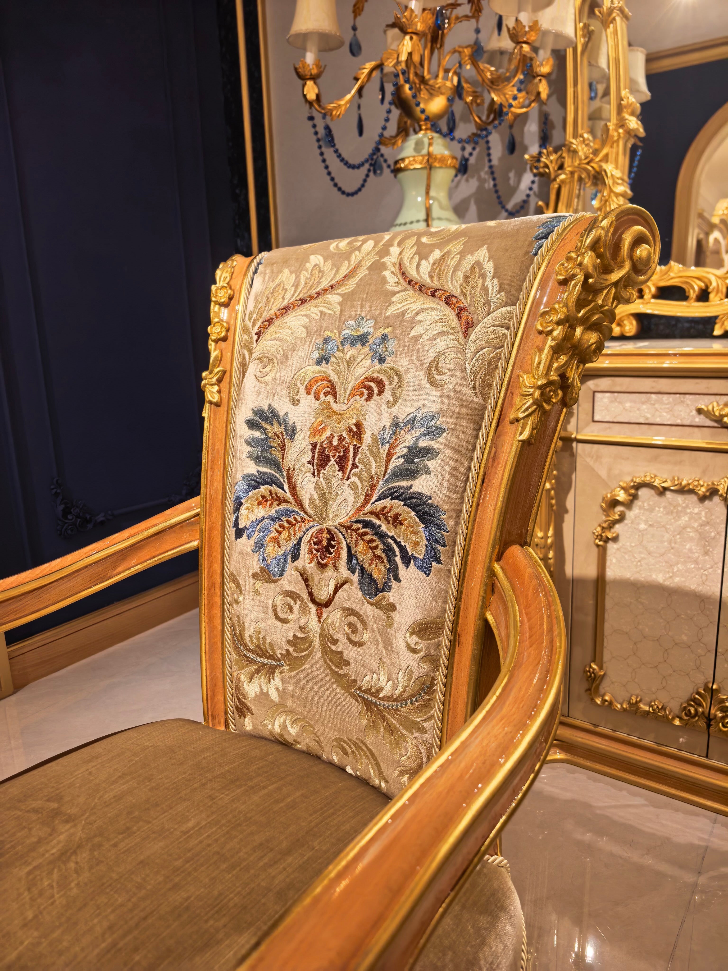 Adrienne French Imperial dining chair backrest detail, hand-carved gold gilt finish - GrandLiving Luxe