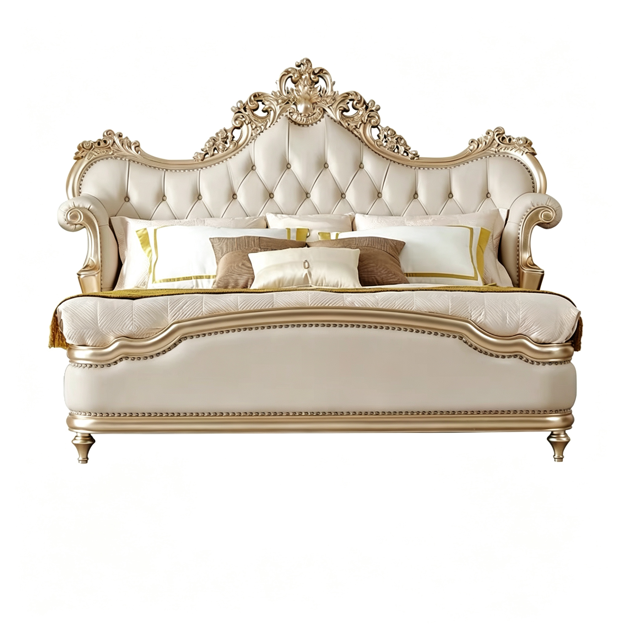 Ornate French Provincial style luxury tufted bed in gold bedroom - GrandLiving Luxe
