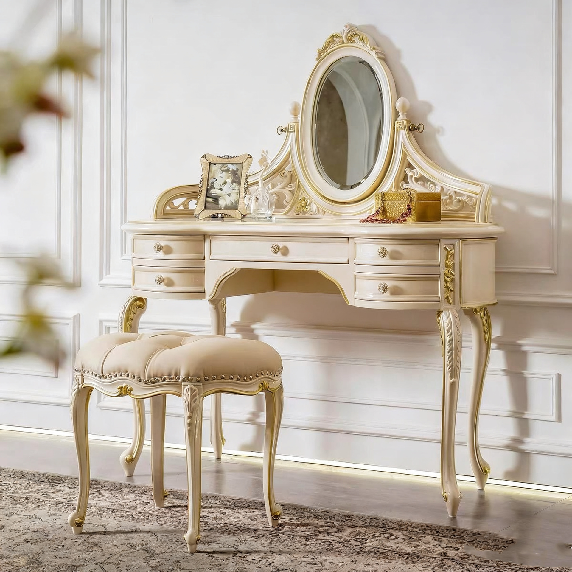 Royal Elegant French Provincial Dressing Table & Stool