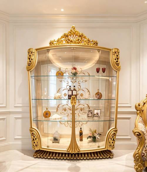 Fernande French Imperial display cabinet, hand-carved European beechwood with traditional gold gilt finish - GrandLiving Luxe