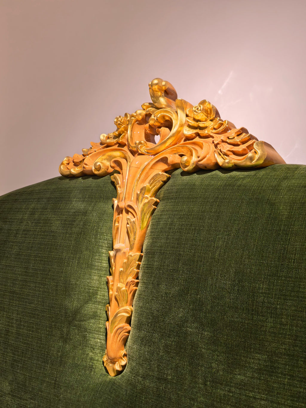 Hand-carved velvet headboard detail on Margaux French gold gilt bed