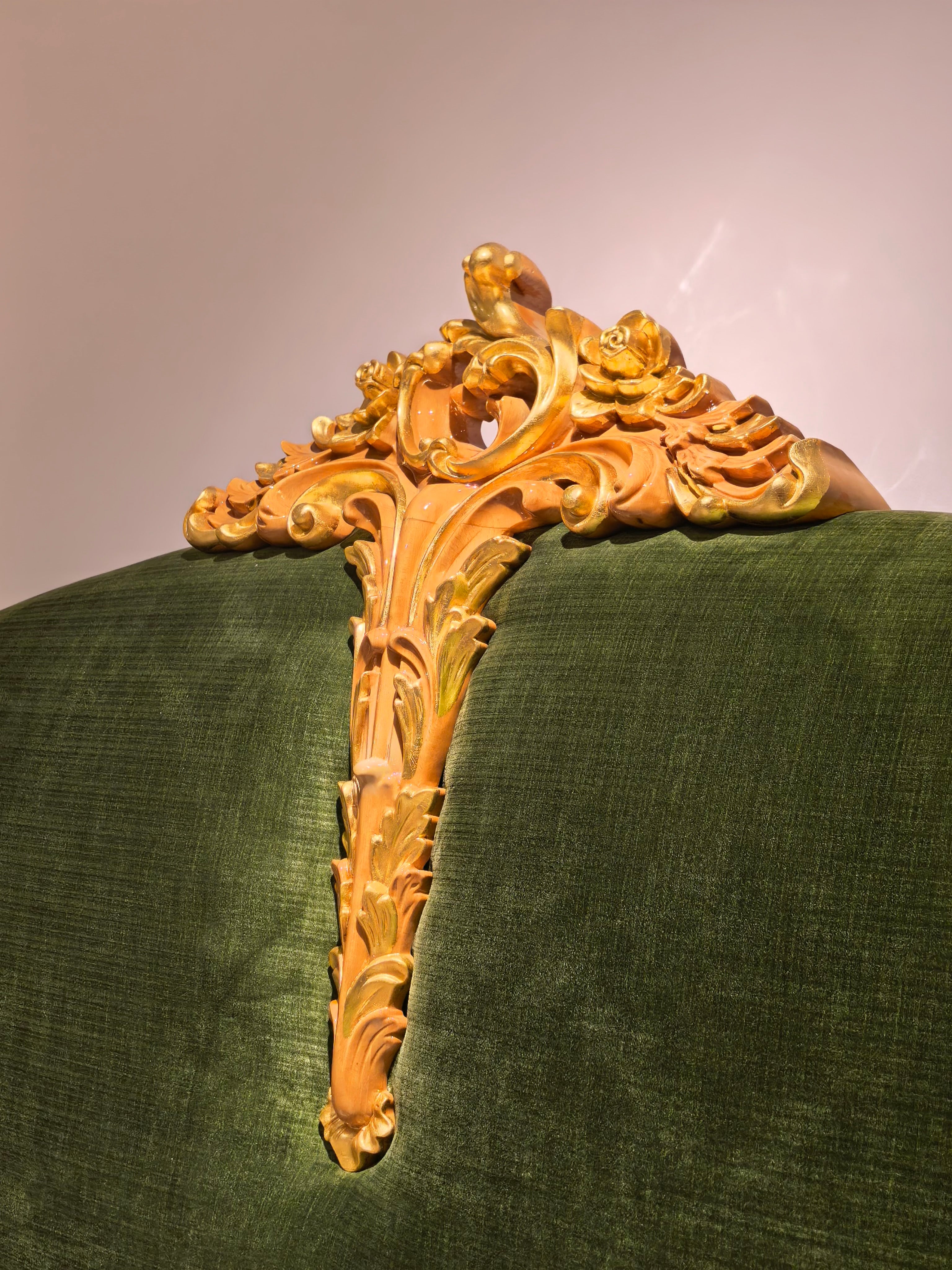Hand-carved velvet headboard detail on Margaux French gold gilt bed