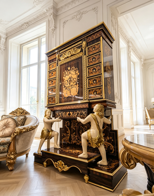 Suzette French Imperial display cabinet, hand-carved European beechwood with traditional gold gilt finish - GrandLiving Luxe