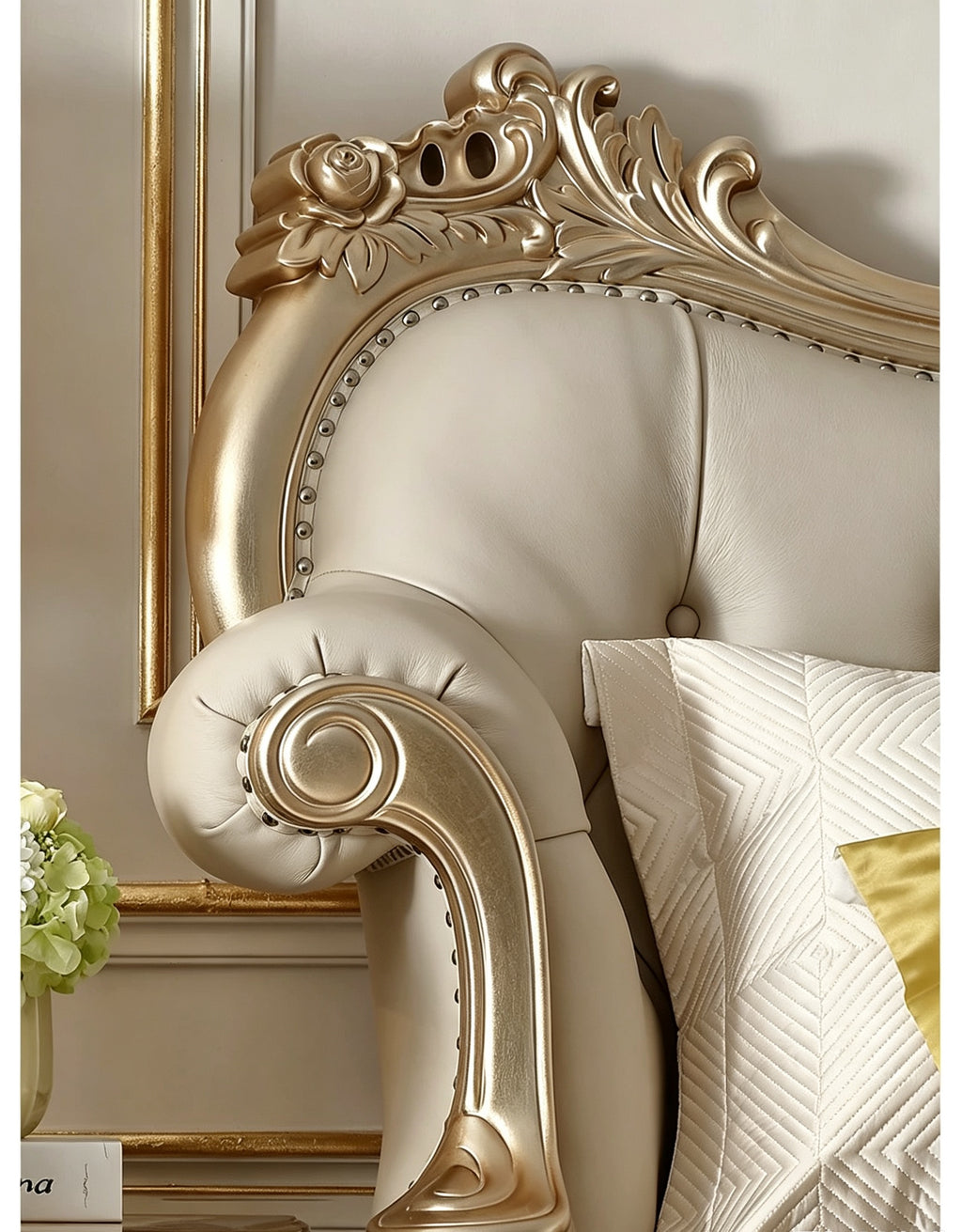 Ornate French Provincial style luxury tufted bed in gold bedroom - GrandLiving Luxe 