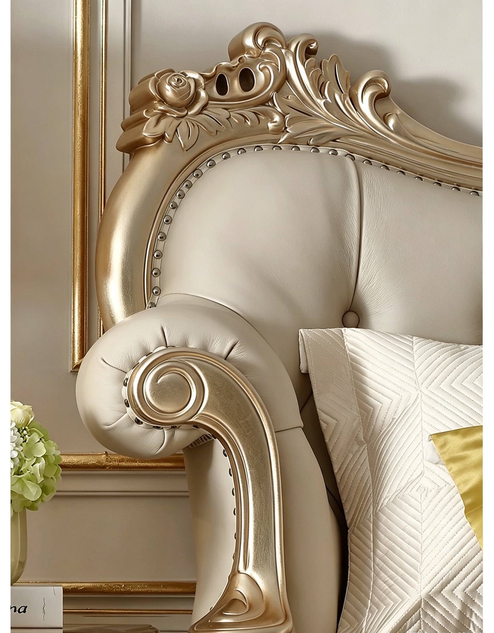 Ornate French Provincial style luxury tufted bed in gold bedroom - GrandLiving Luxe 