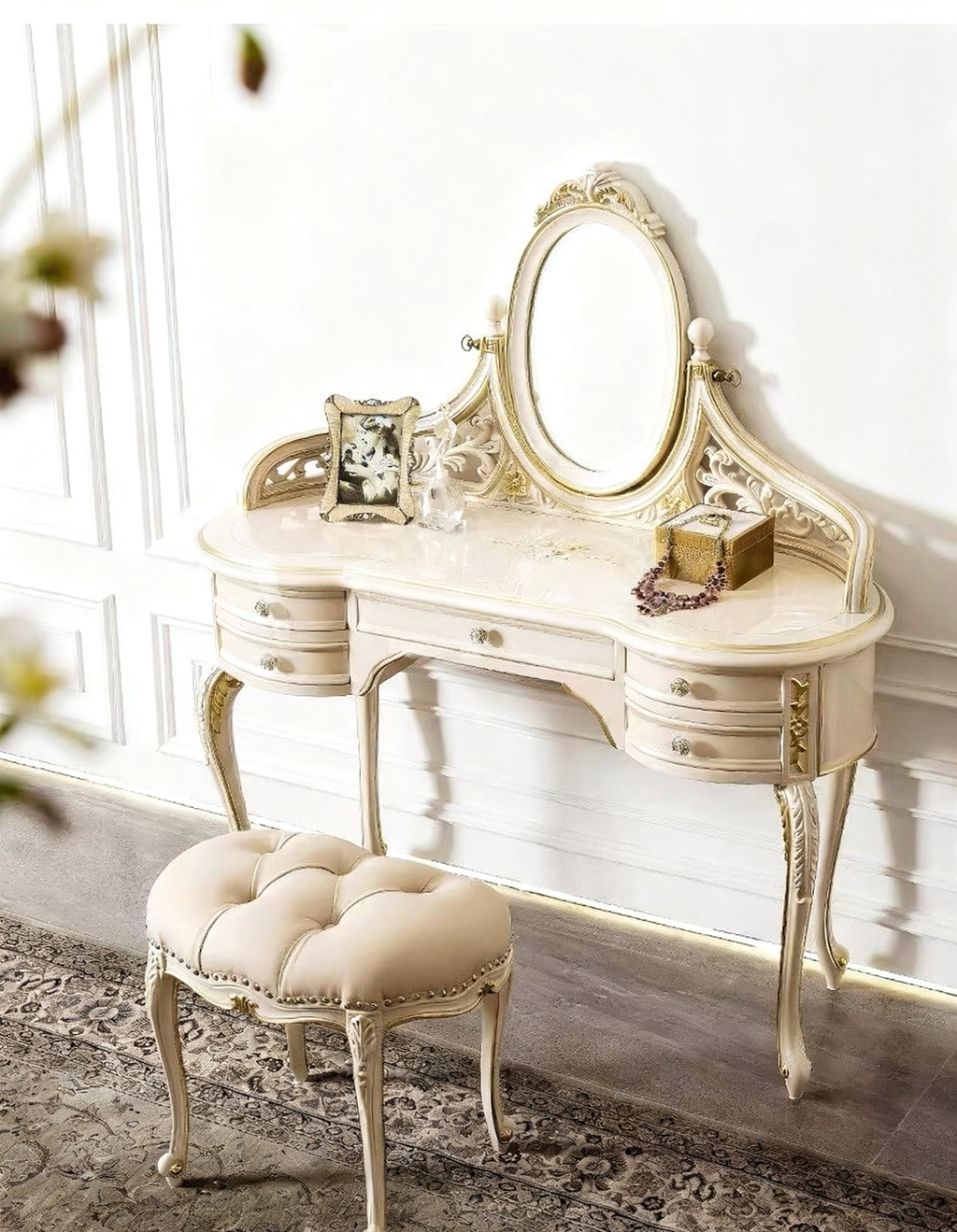 Royal Elegant French Vintage Dressing Table & Stool image 5