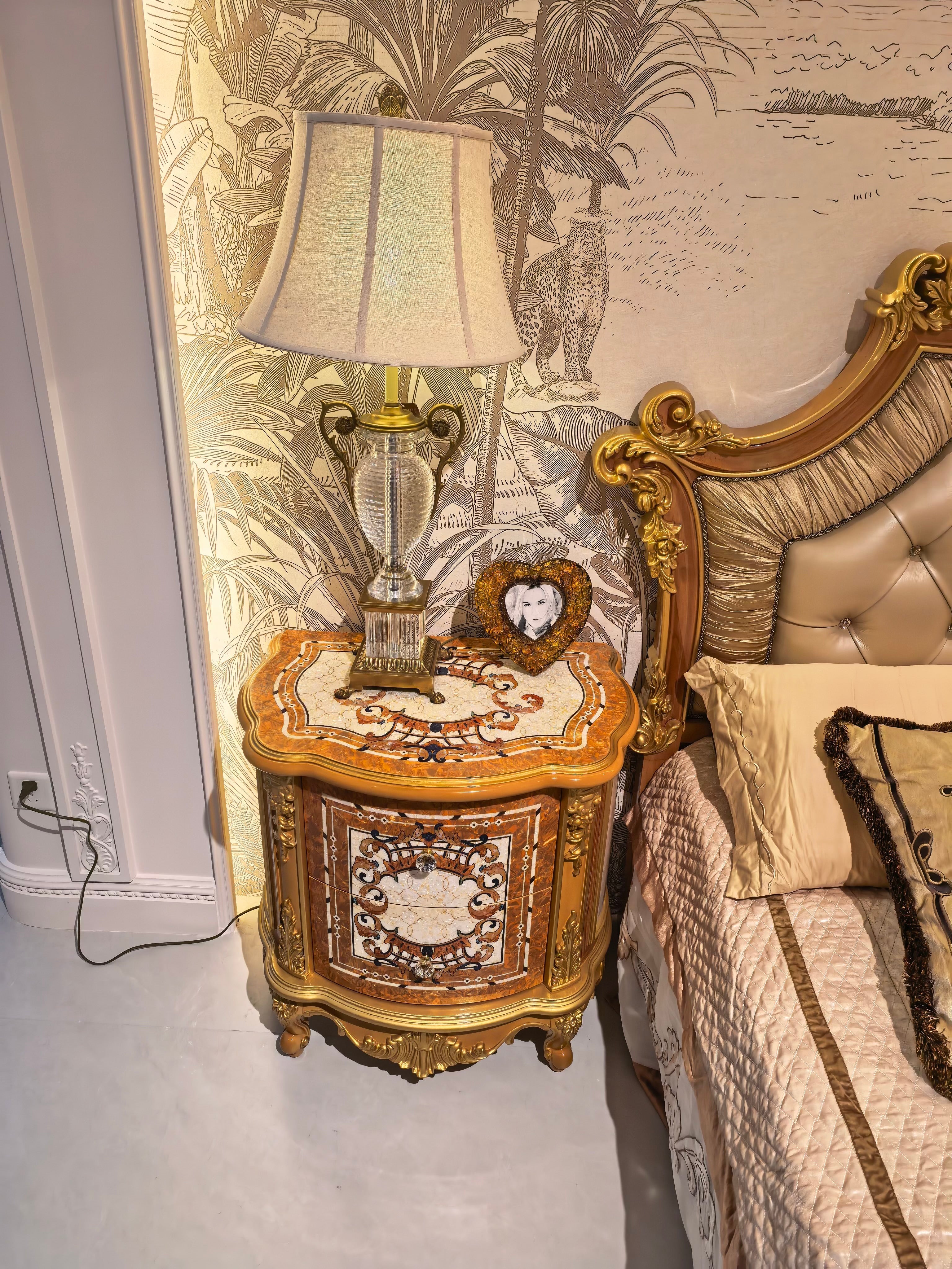 Colette French Imperial bedside table top view, shell and maple inlay detail - GrandLiving Luxe