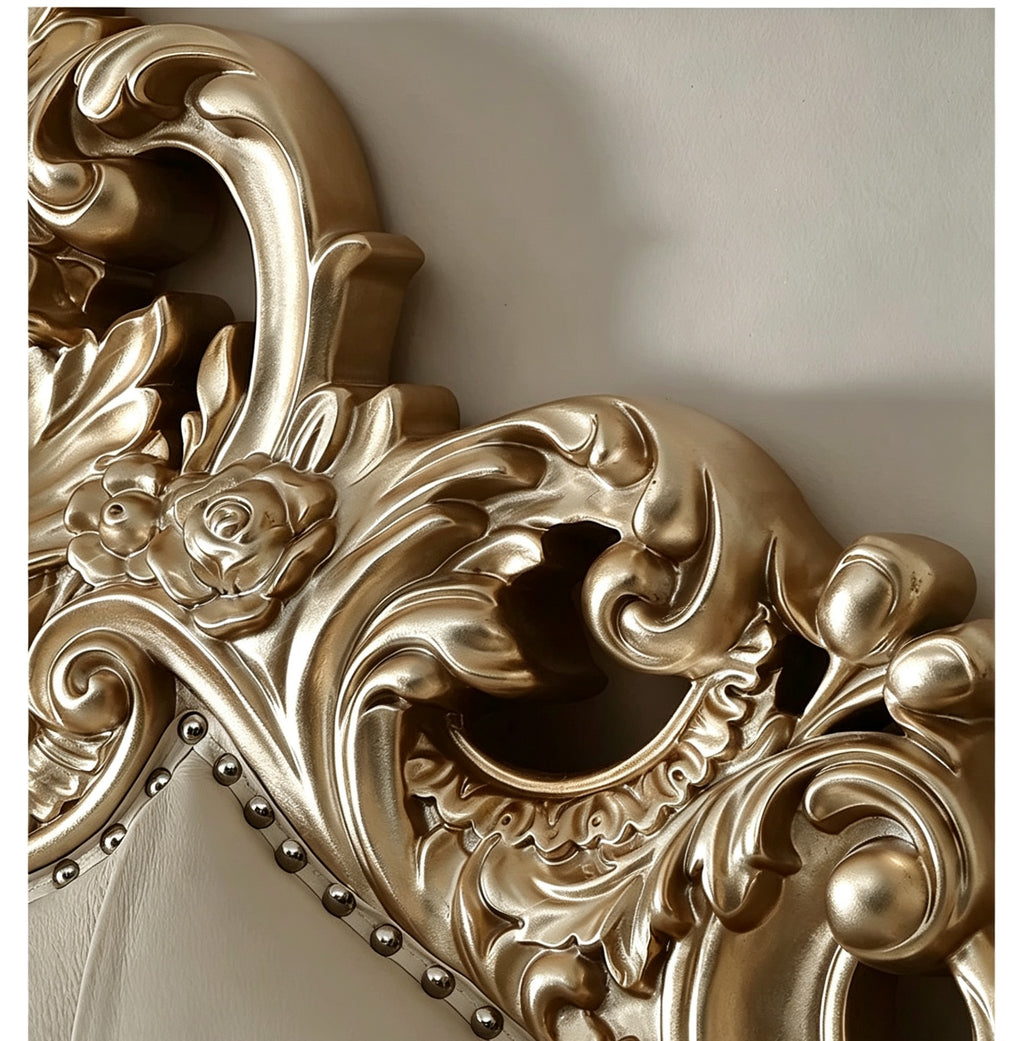 Ornate French Provincial style luxury tufted bed in gold bedroom - GrandLiving Luxe 5
 