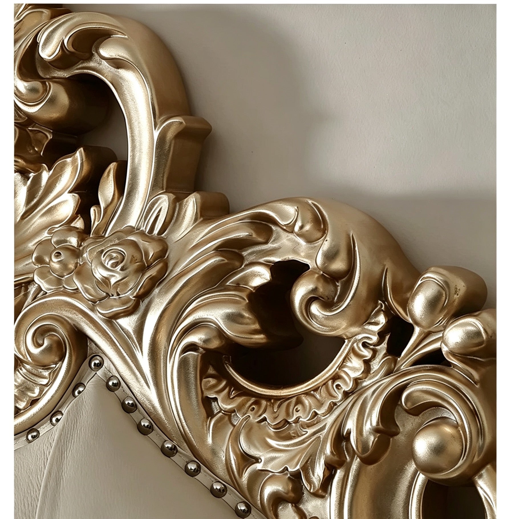 Ornate French Provincial style luxury tufted bed in gold bedroom - GrandLiving Luxe 5
 