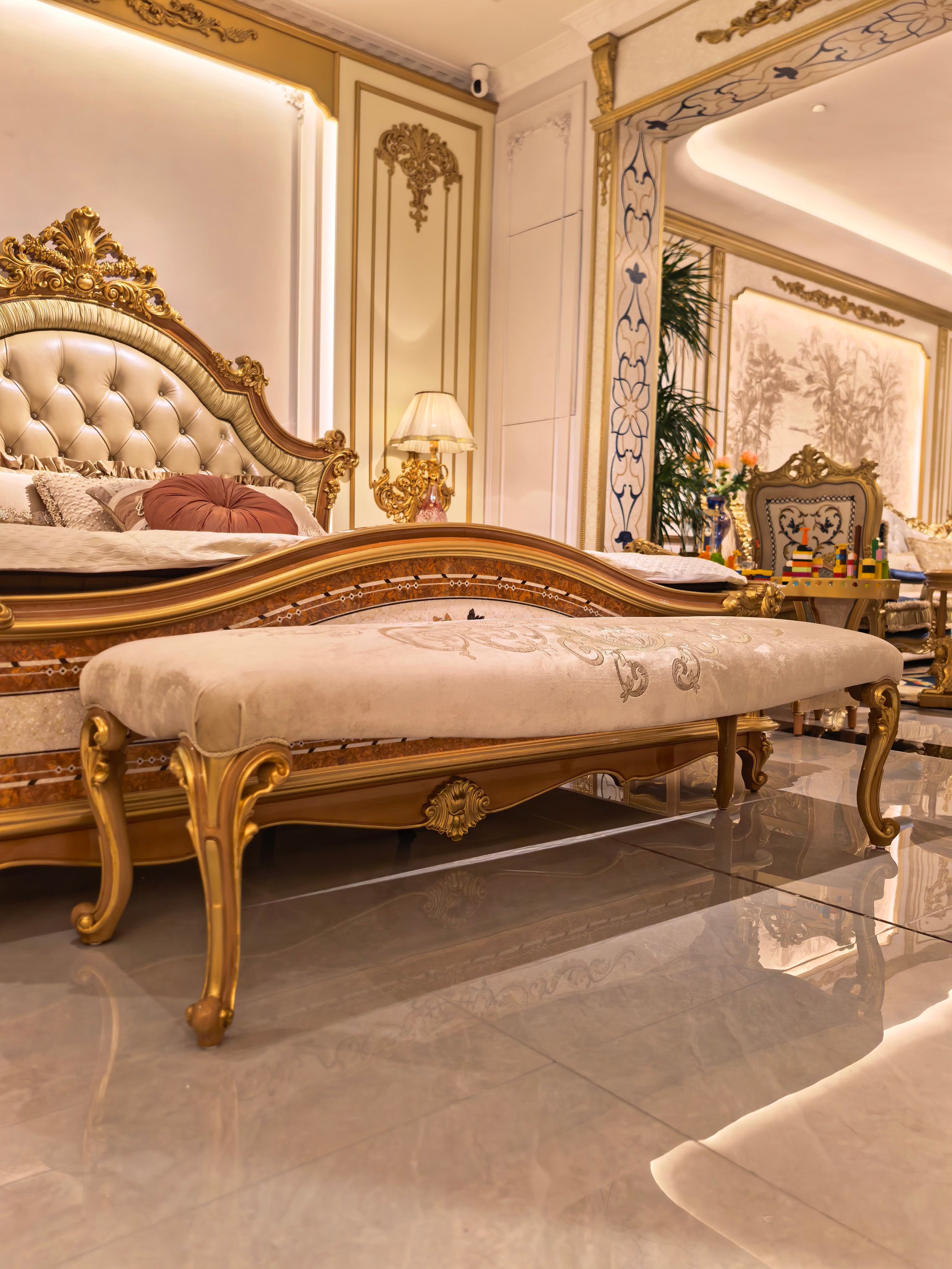 Adeline French Imperial bed hand-carved corner detail - GrandLiving Luxe