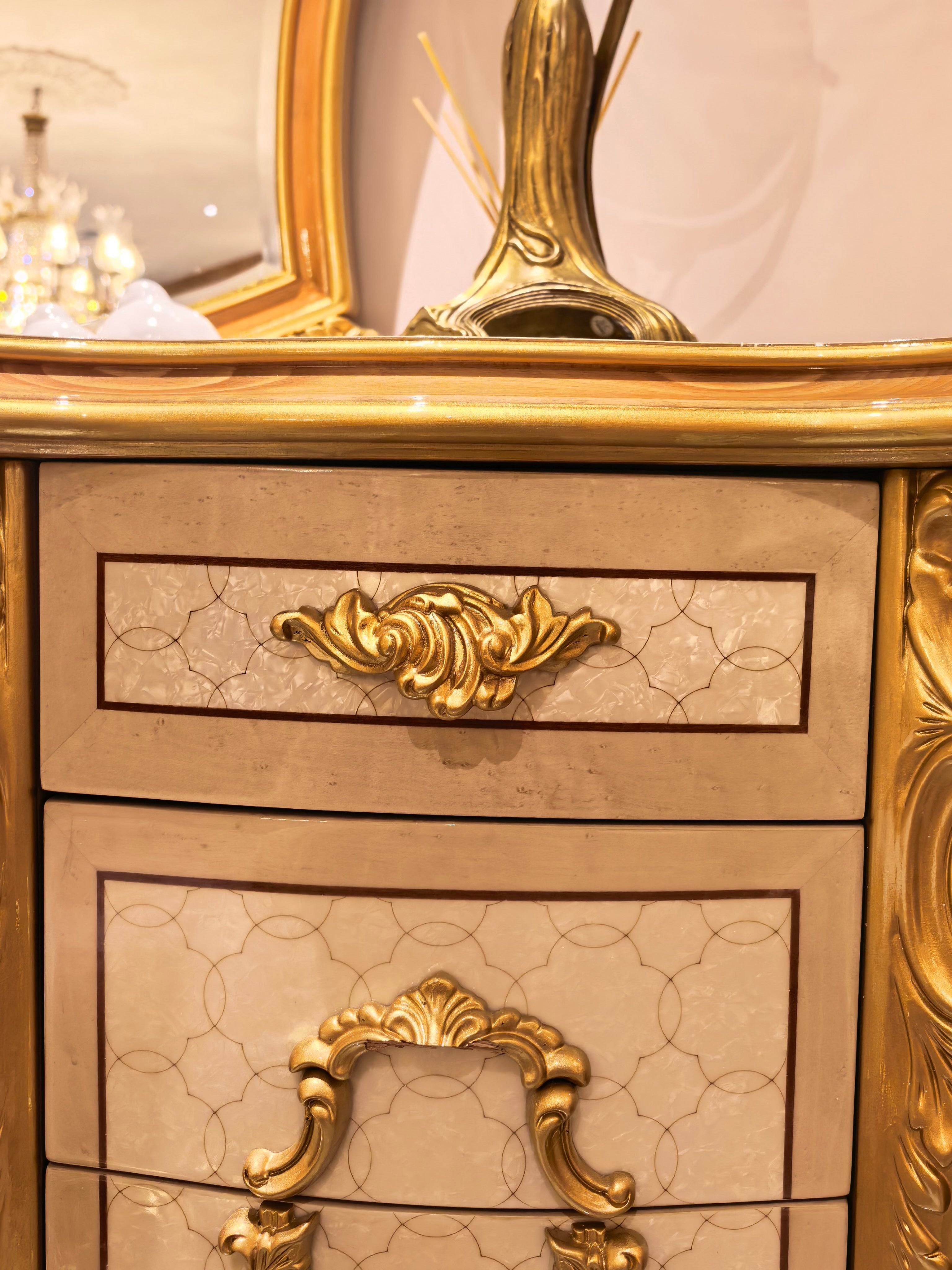 Seraphine French Imperial vanity stool upholstery detail - GrandLiving Luxe