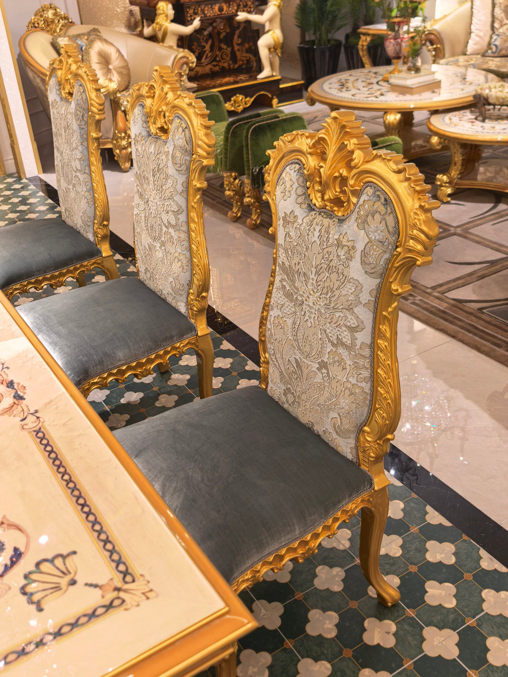 Solange French Imperial dining chair set around matching dining table - GrandLiving Luxe
