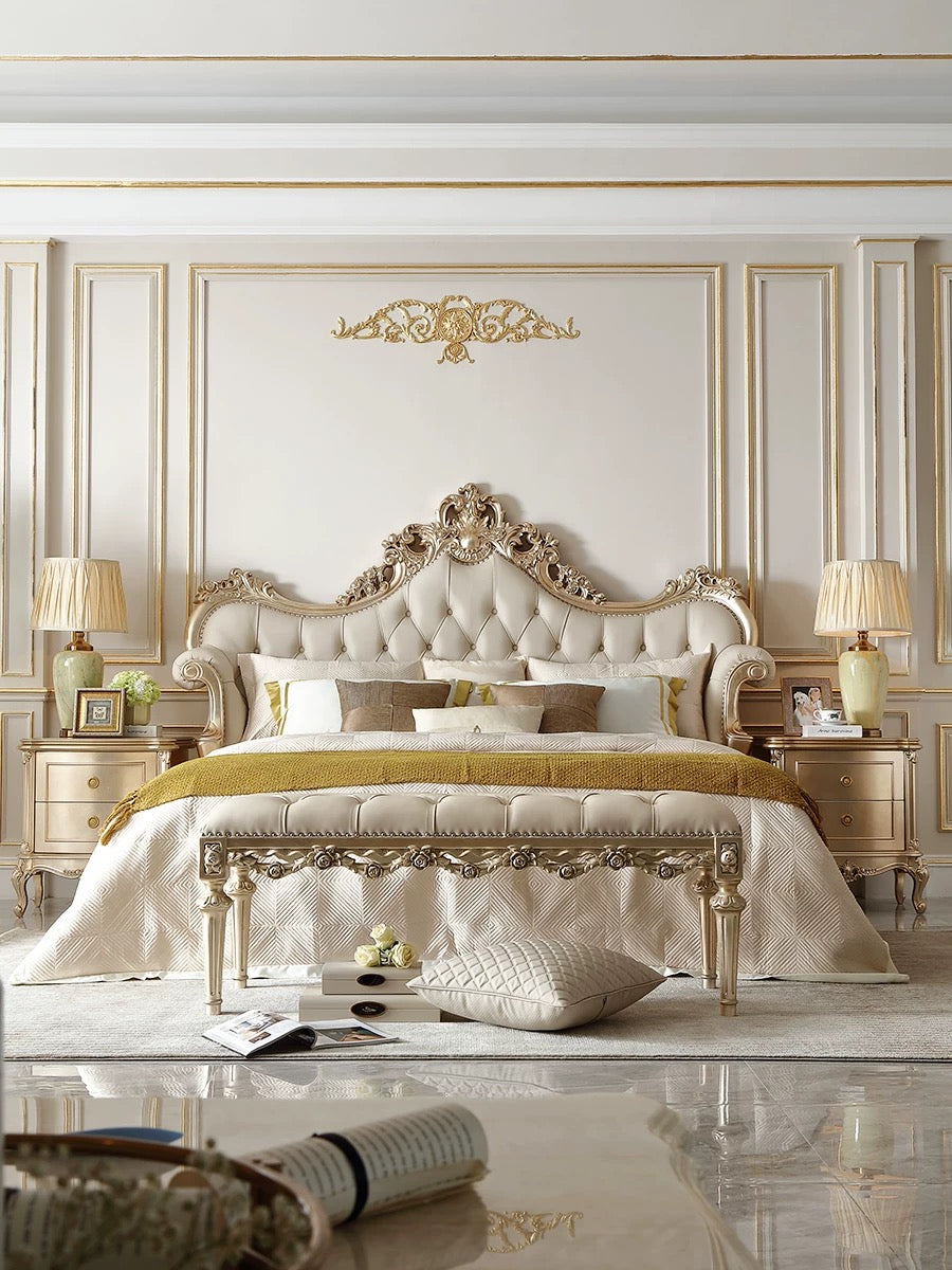 Amour French Provincial style luxury silver leaf tufted bed - GrandLiving Luxe
