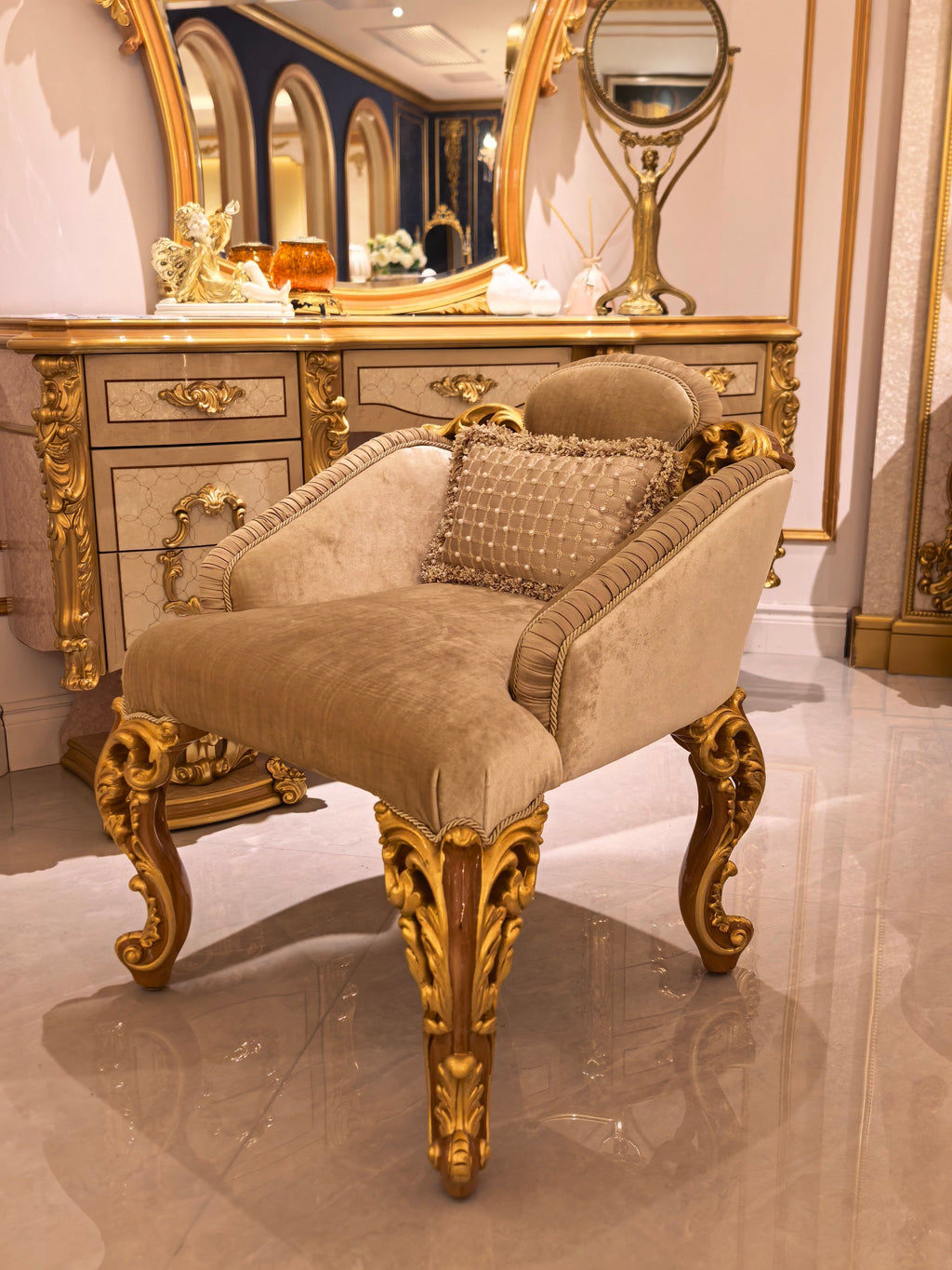 Seraphine French Imperial vanity stool full view - GrandLiving Luxe