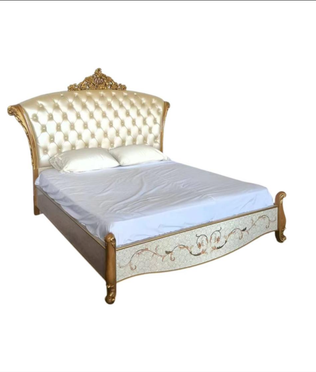Deep-sea mother-of-pearl and tech shell marquetry inlay on French bed footboard- GrandLiving Luxe