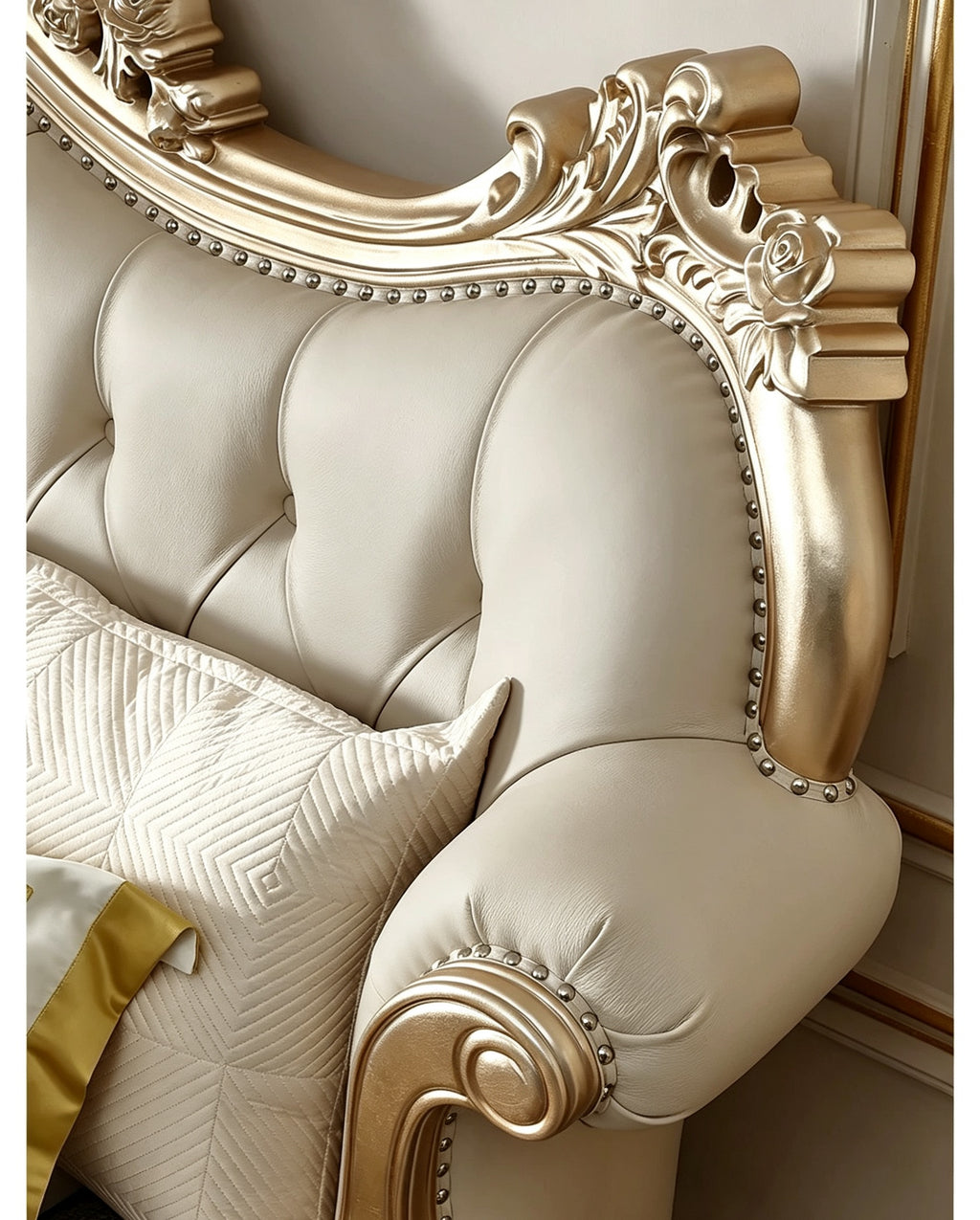 Ornate French Provincial style luxury tufted bed in gold bedroom - GrandLiving Luxe 6
