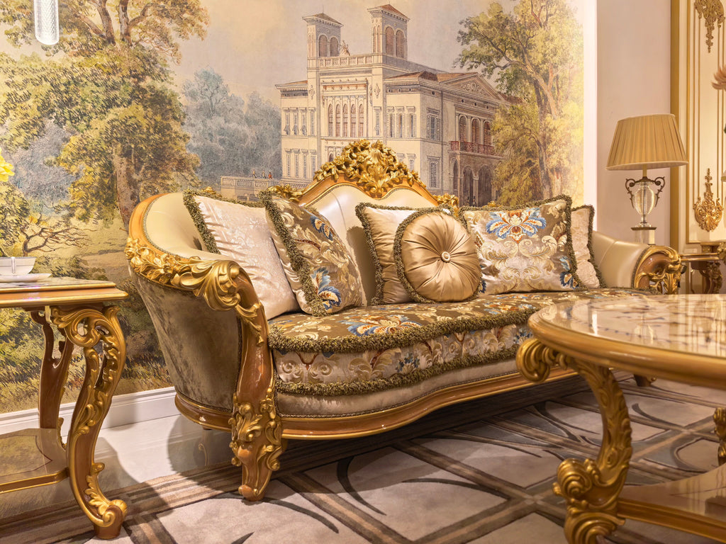 Camille French Imperial sofa gold gilt finish close-up - GrandLiving Luxe