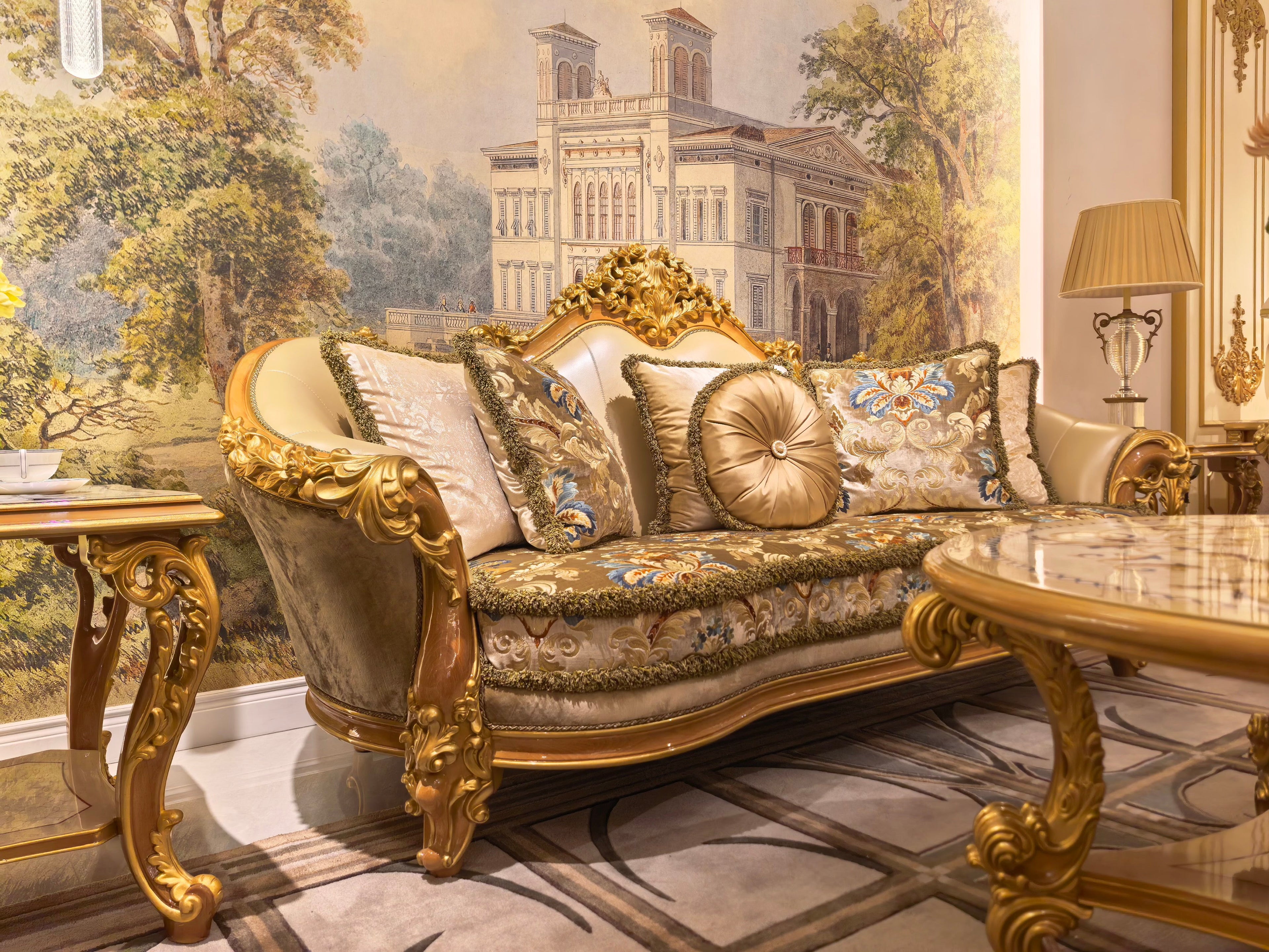 Camille French Imperial sofa gold gilt finish close-up - GrandLiving Luxe