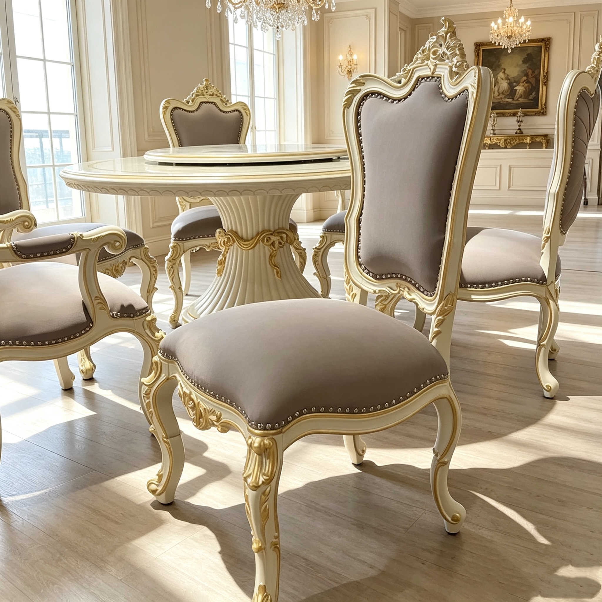 Luna White French Dining Table with hand-carved details and gold leaf accents | GrandLiving Luxe 8