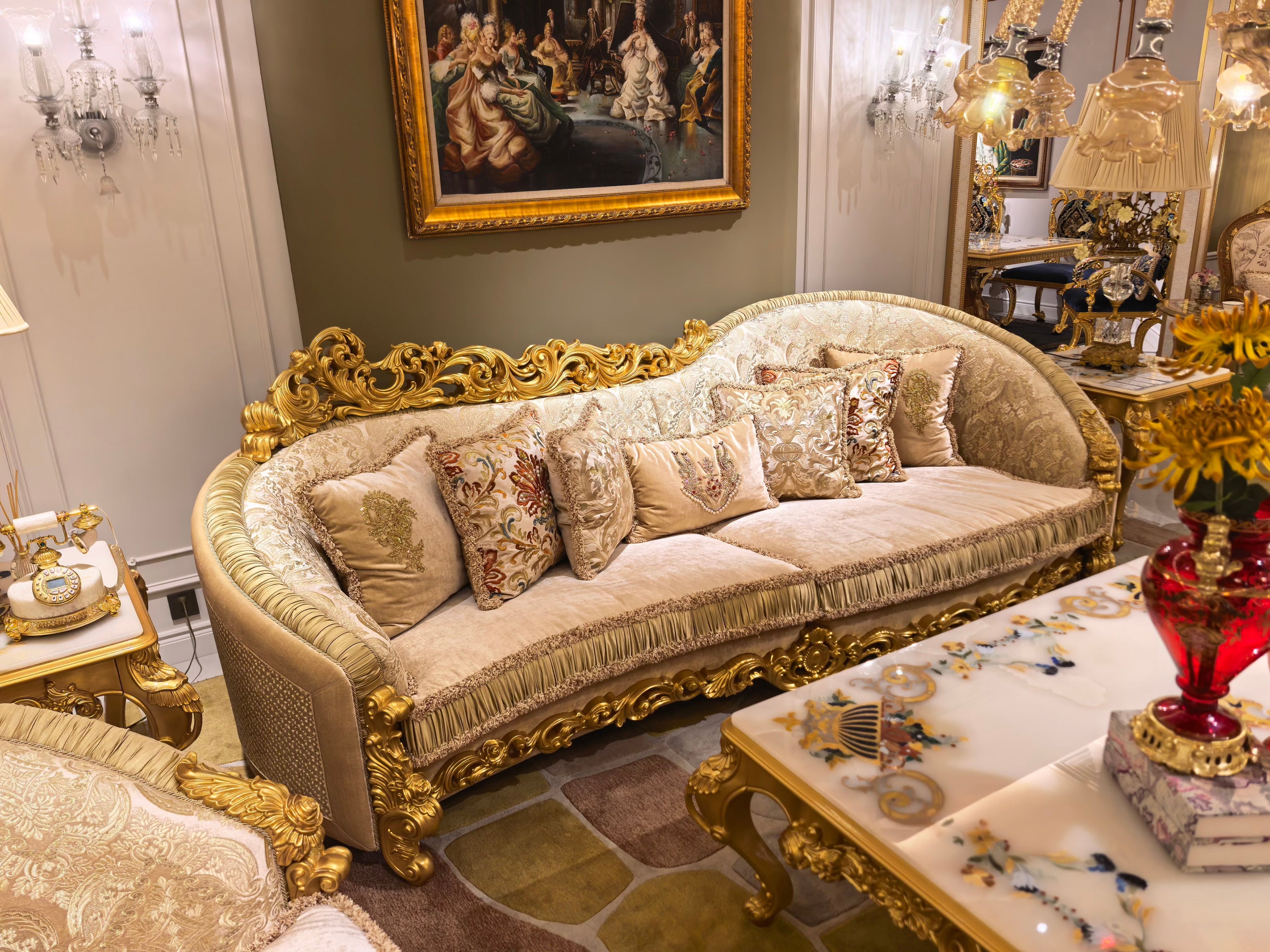 Beatrice French Imperial sofa frame detail, hand-carved gold gilt finish - GrandLiving Luxe