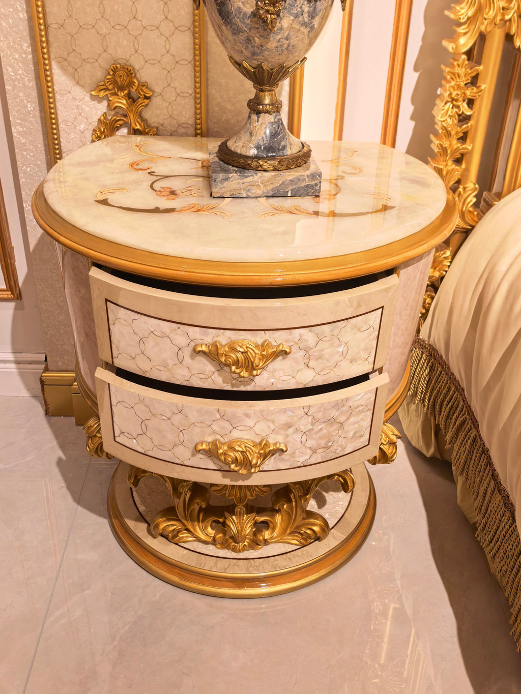 Delphine French Imperial bedside table gold gilt finish close-up - GrandLiving Luxe
