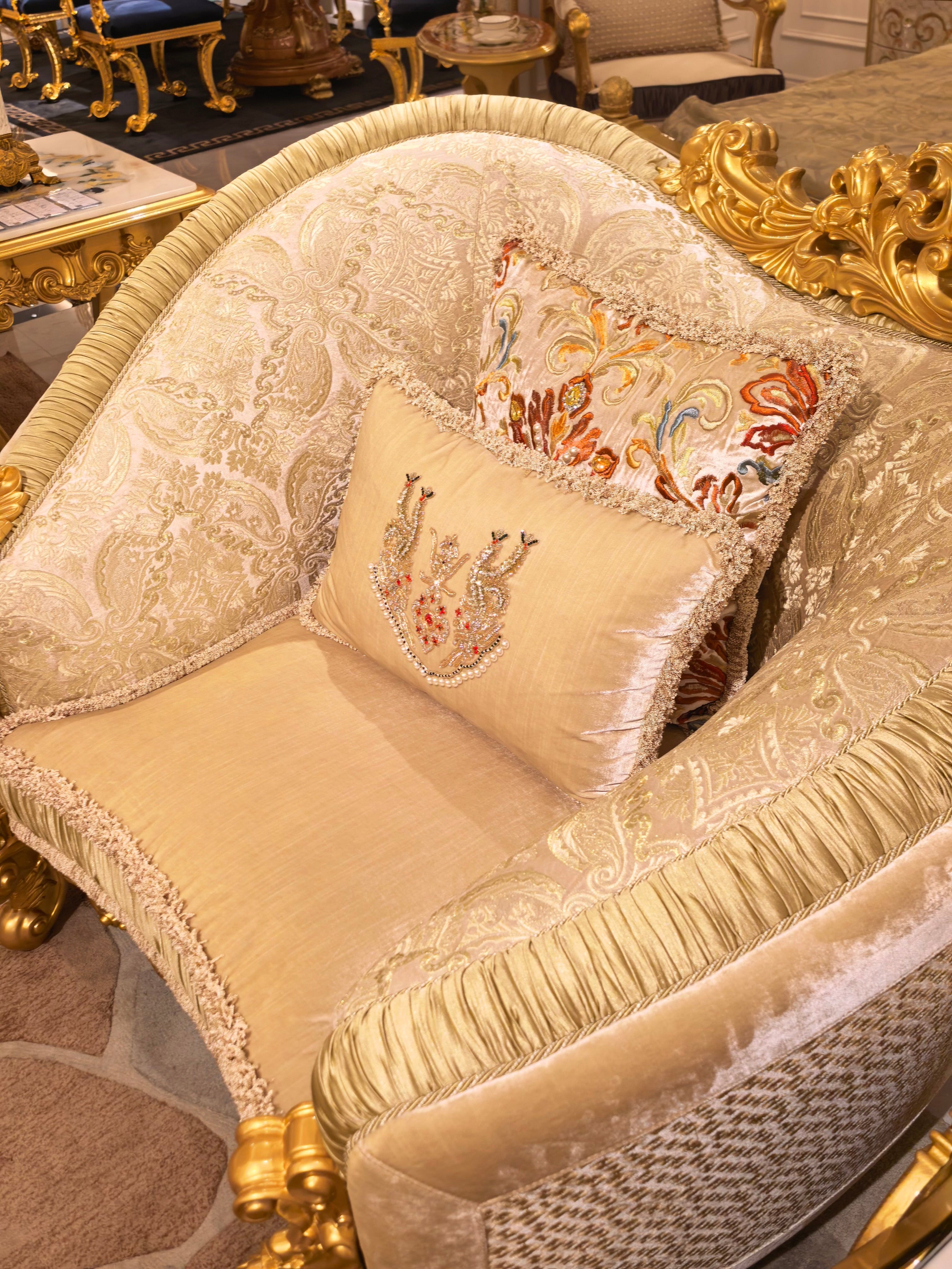 Beatrice French Imperial sofa carving close-up - GrandLiving Luxe