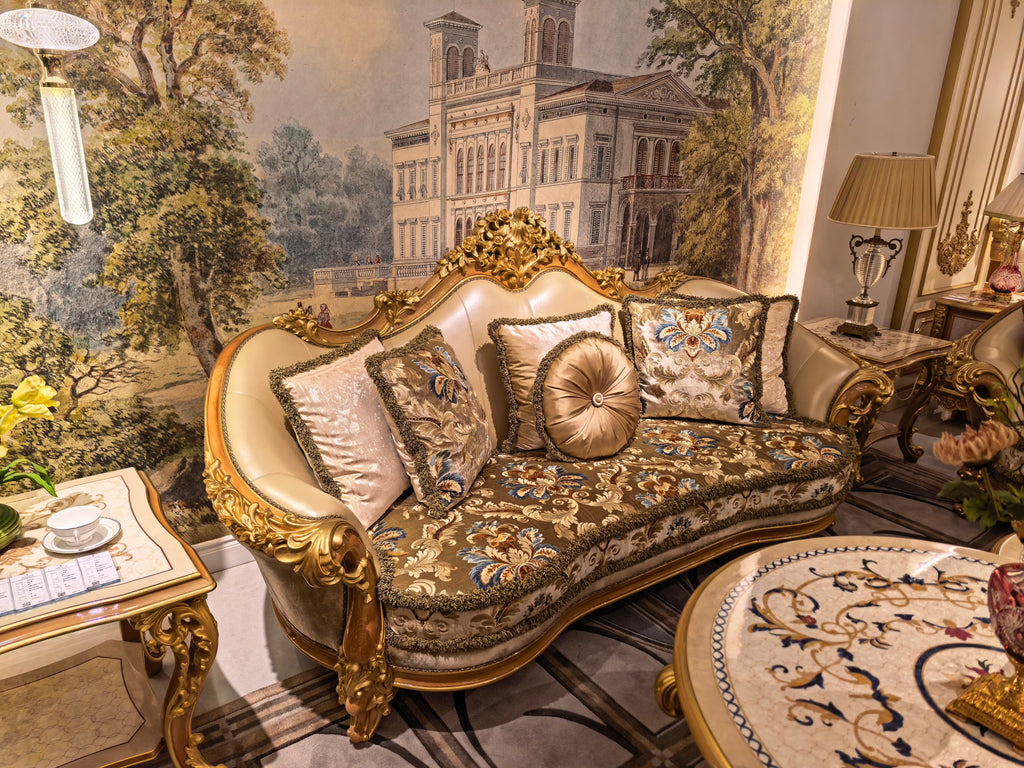 Camille French Imperial sofa carved backrest detail - GrandLiving Luxe