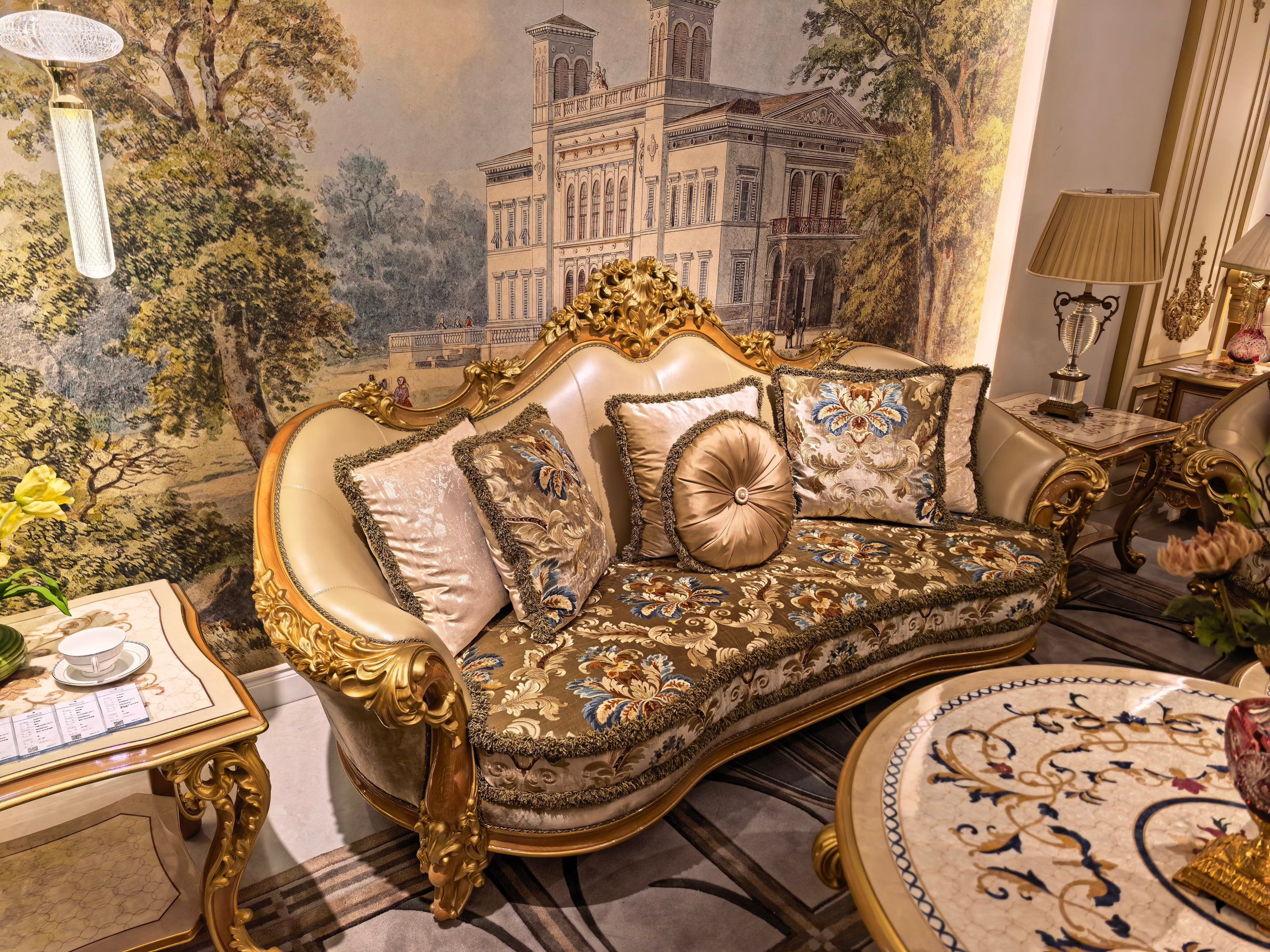 Camille French Imperial sofa carved backrest detail - GrandLiving Luxe